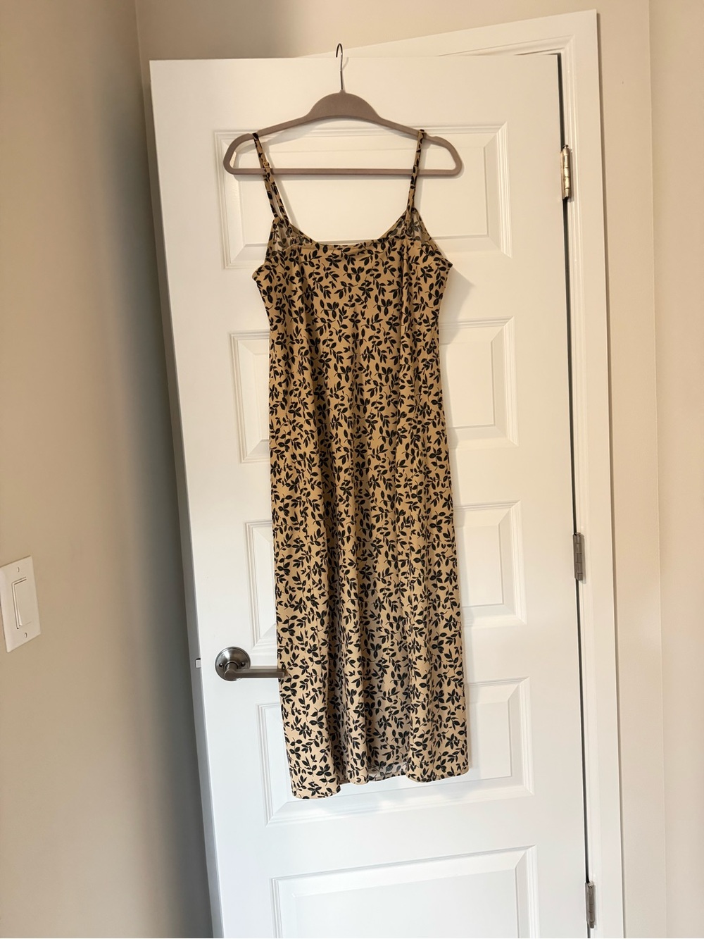 bobeau Beige Midi Slip Dress with Black Leaf Print
